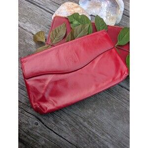 80s Vintage Anne Klein Red Leather Clutch Wallet Purse With Checkbook Cover